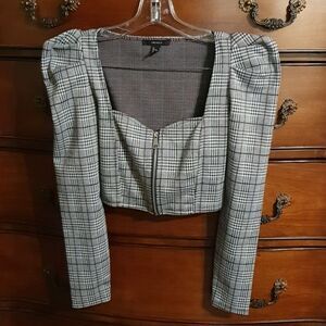 Forever 21 Glen Plaid Puff Sleeve Crop Top sz Small